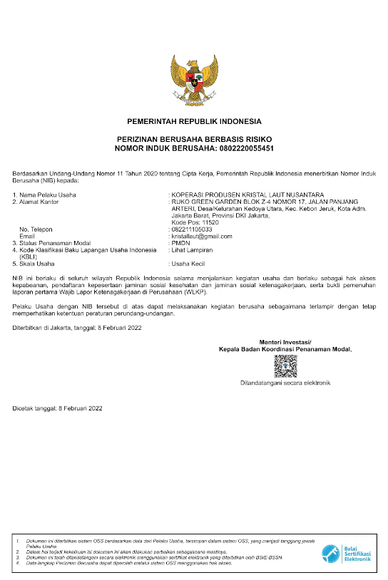 Sertifikat NIB KPKLN